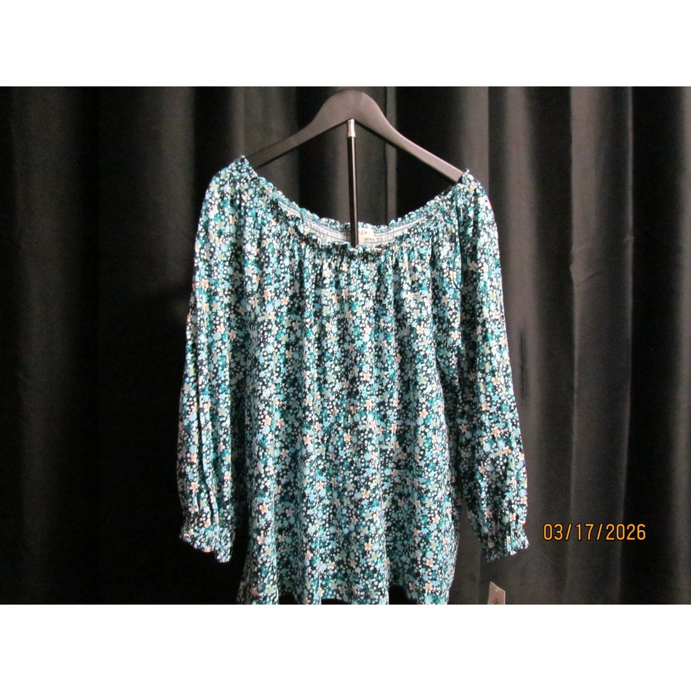Style & Co Womens Floral Peasant Blouse Teal Blue Long Sleeve Scoop Neck Top NEW